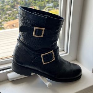 The most amazing Jimmy Choo moto boots!! Snakeskin w/ gold!